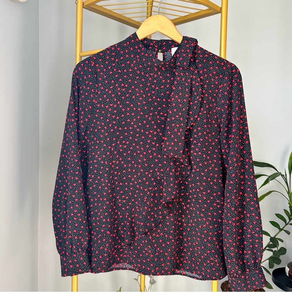 Red heart print long sleeves mock neck blouse with ruffles poetic vibe size S